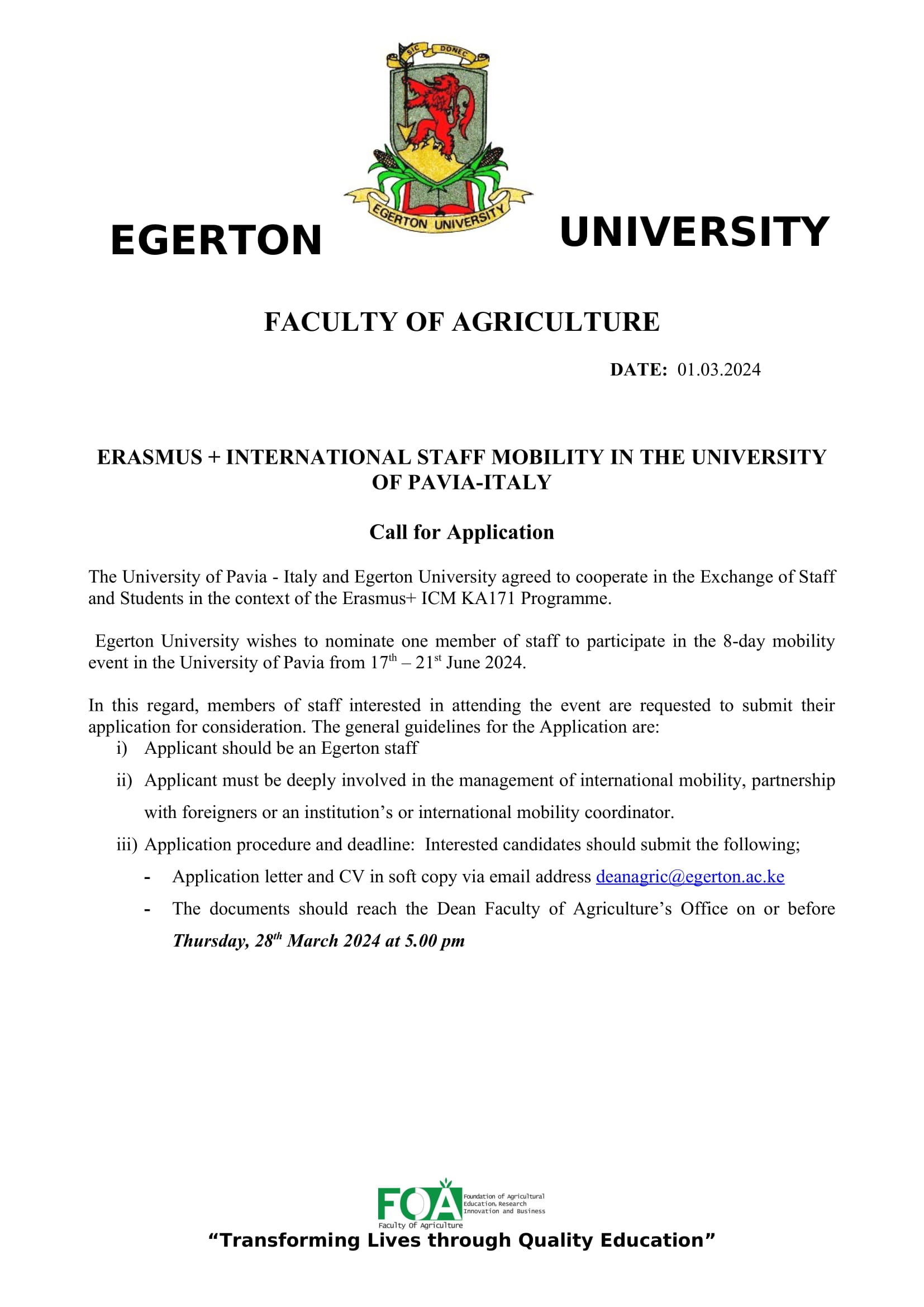 CALL FOR APPLICATION ERASMUS STAFF MOBILITY EU AND THE UNIV. OF PAVIA ITALY 1